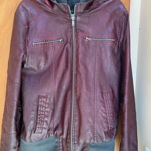Guess Maroon Leather Jacket with Zipper